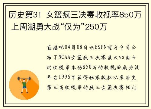 历史第3！女篮疯三决赛收视率850万 上周湖勇大战“仅为”250万